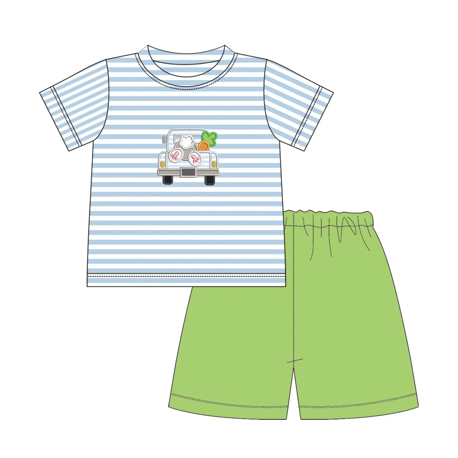 Rabbit carrot and car blue striped print boy and girl Easter style short-sleeved green shorts boutique suit dress and Romper