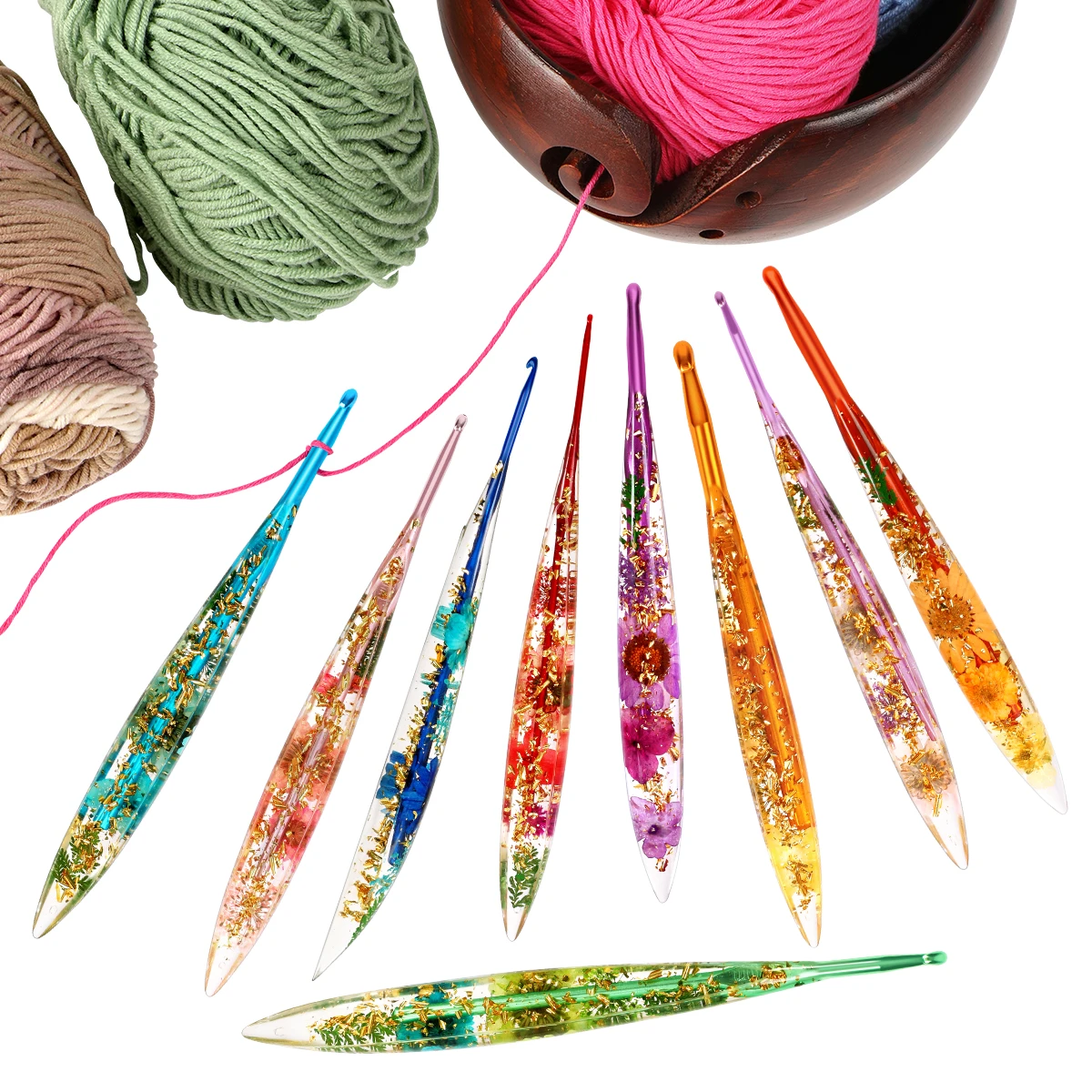 9Pcs/1Pc Hot Selling Epoxy Resin Floral-Patterned Crochet Hooks Kits Hand-Knitting Extended DIY Crochet Needles Accessories