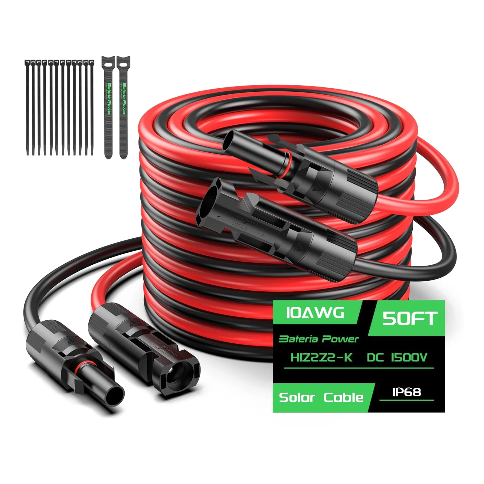 50FT 10AWG Solar Panel Extension Cable 6mm² Solar Extension Cable Wire with Female & Male Waterproof Connectors Set of 2