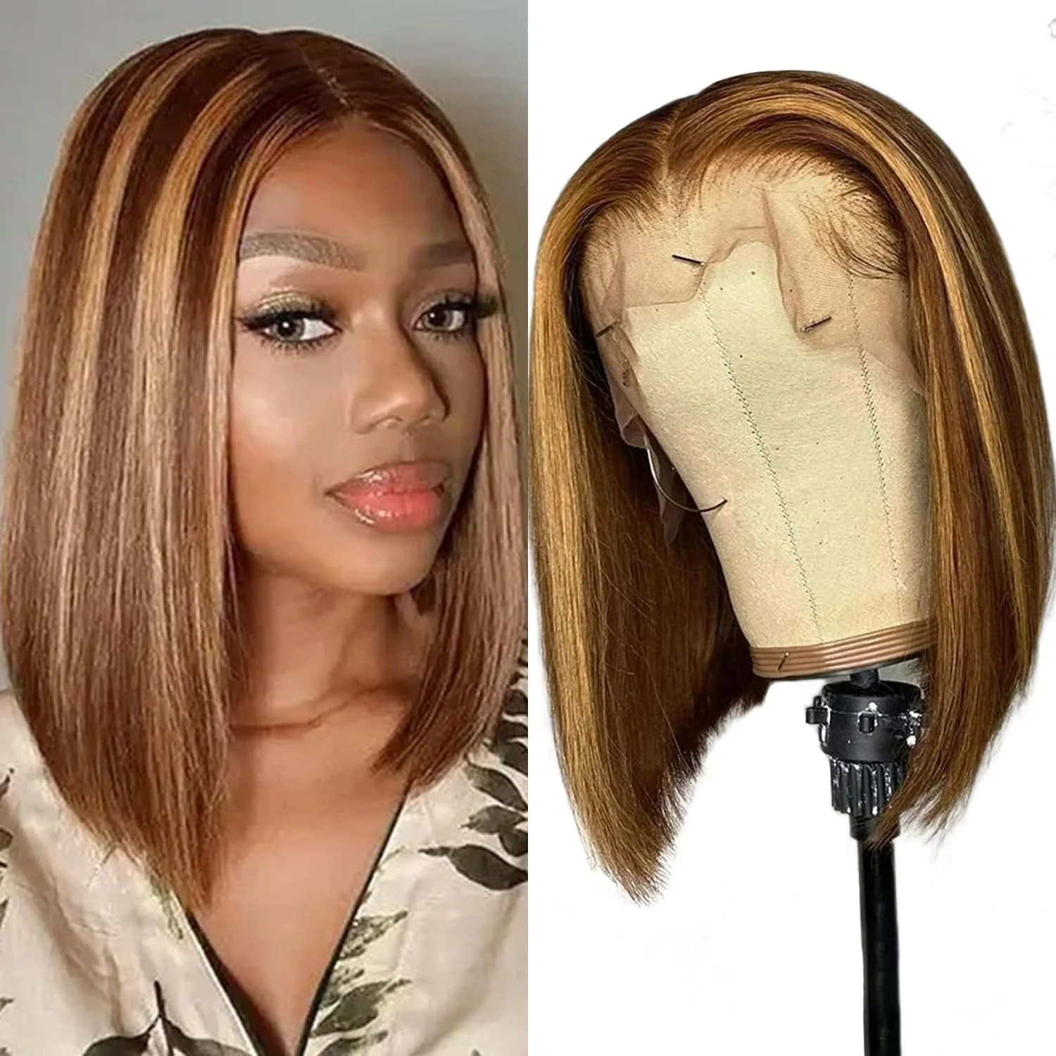

Straight #4/27 Highlight Bob Human Hair Tranaparent Lace Closure 180% Density Wig 100% Human Hair Pre Plucked With Baby Hair Wig