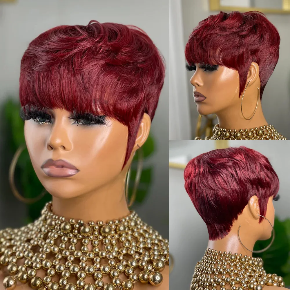 

Burgundy Pixie Cut Wig Human Hair Wigs Human Hair Wig with Bangs Natural Short 99J Wig Layered Wavy Different Style Short Wigs
