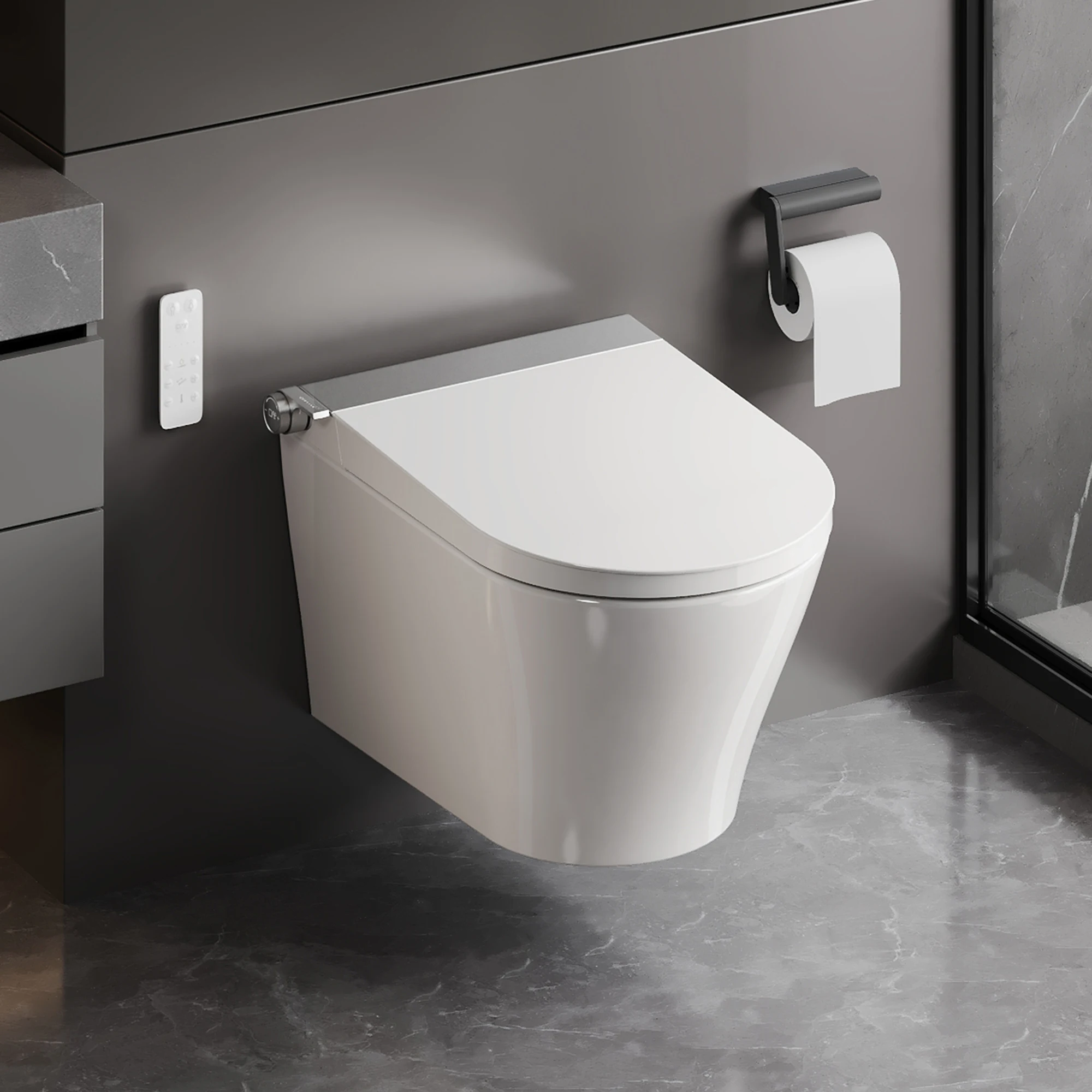 DeerValley Smart Bidet Toilet, wandhangend toilet, wandgemonteerd douchetoilet met voor- en achterwas, warmelucht droger, zelfreinigende sproeier, waterfilter, zacht sluitende afneembare zitting,
