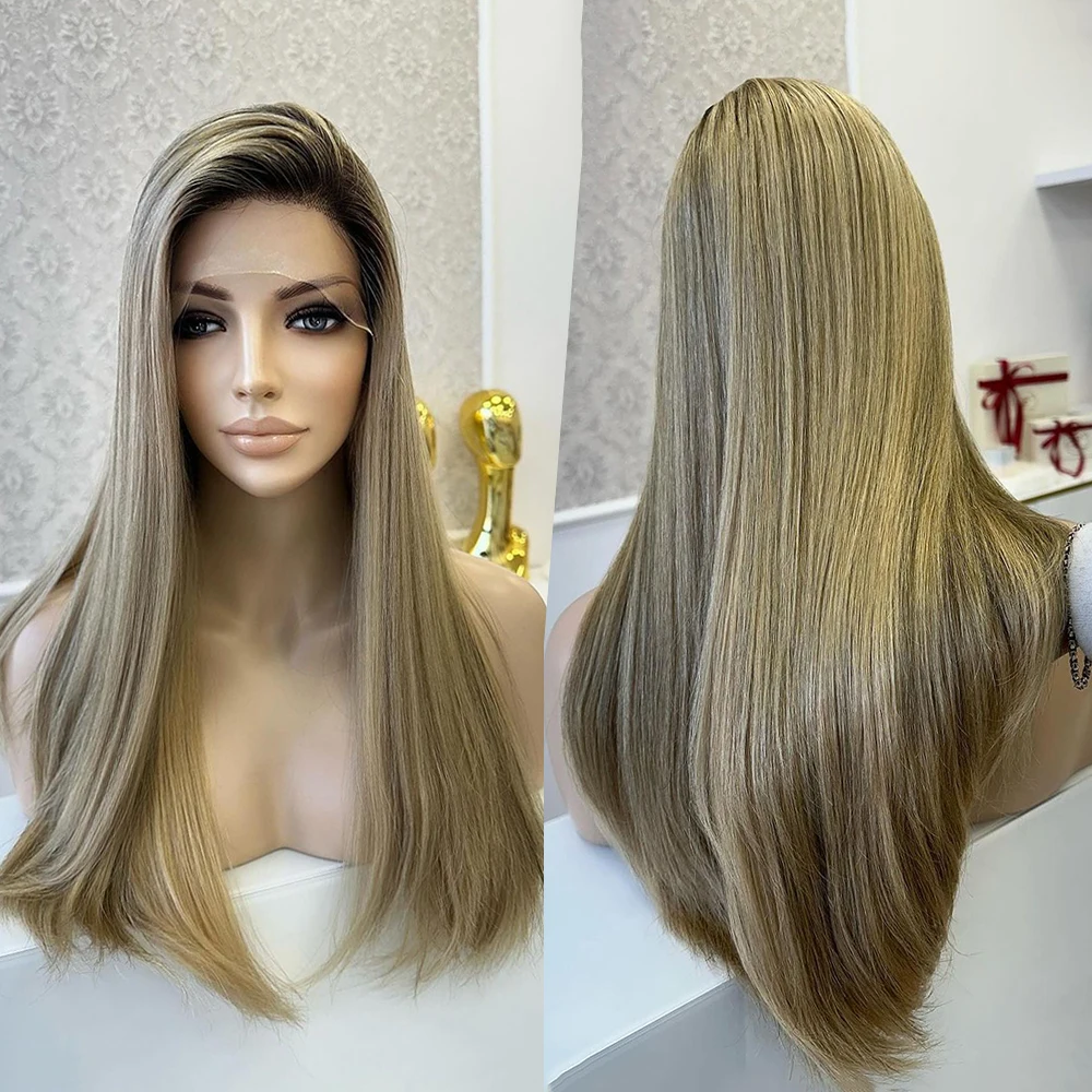 

28” Balayage Ash Blonde Full Lace Wig Dark Ombré Root Wig Long Blonde Virgin Human Hair HD 13X6 Lace Front Wig Free Style 200%