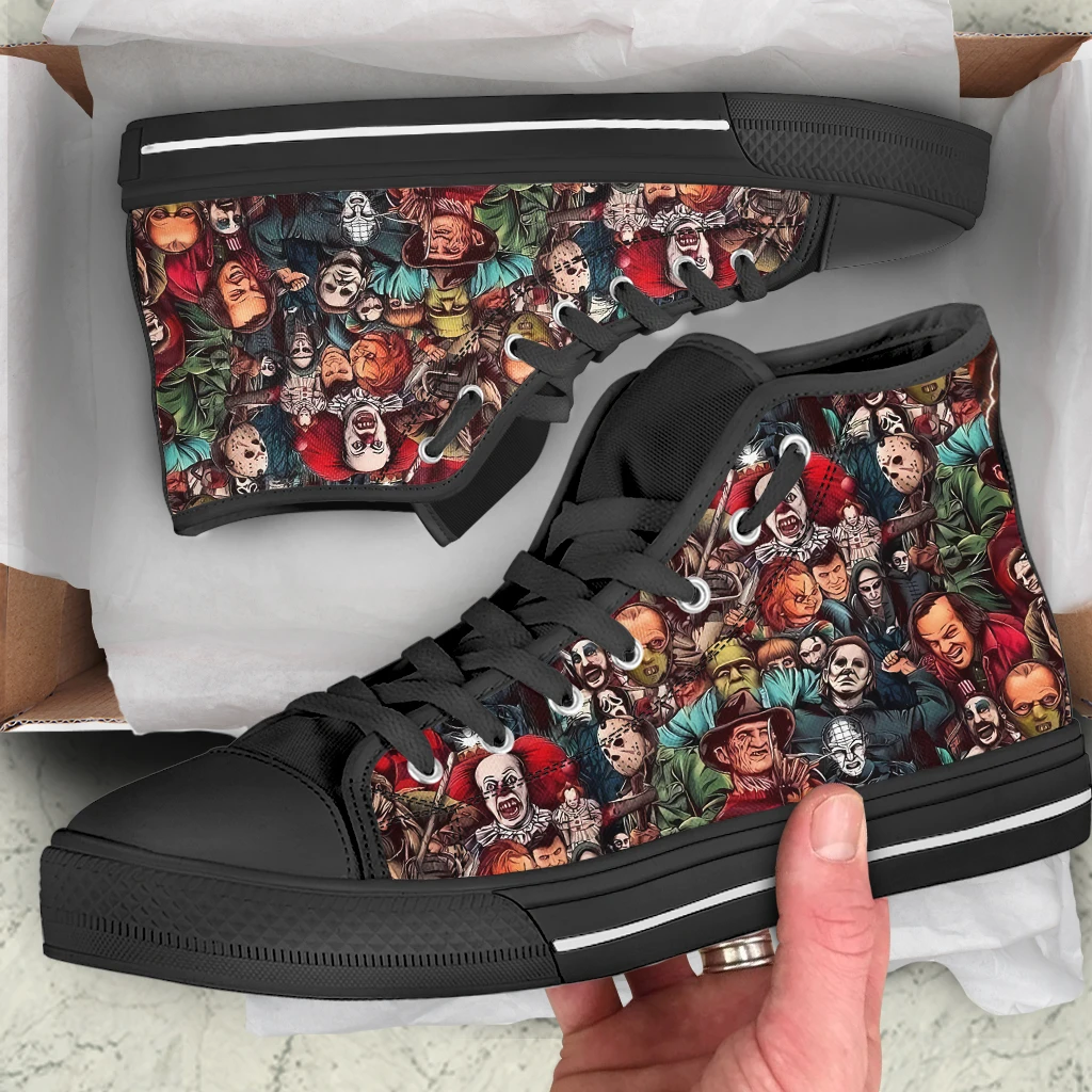 INSTANTARTS-Zapatillas de lona con personajes de terror para hombre, calzado informal con cordones, vulcanizados, temática de Halloween