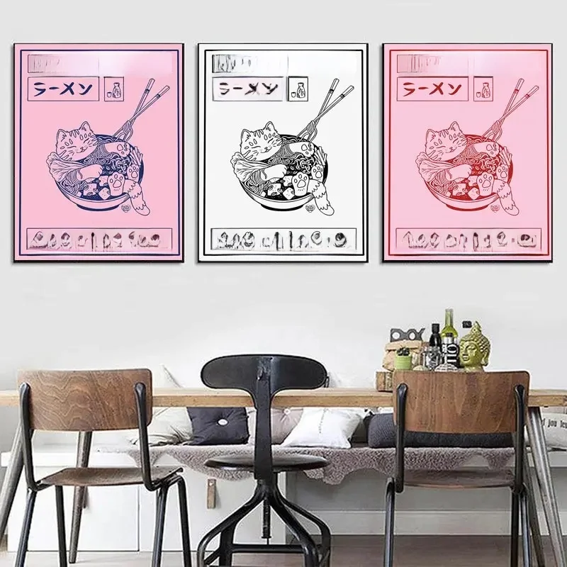 Japanese Ramen Painting Animal Cat Cartoon Posters and Prints Wall Picture Noodles Food Kids Kitchen Room Decoration for Home — zdjęcie 2