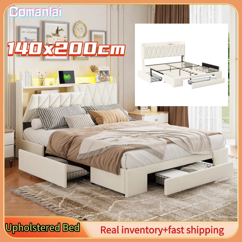 Comanlai Lit capitonné 140 x 200 cm, avec 3 tiroirs de rangement, fonction de chargement USB, lit double, sans matelas, velours, beige