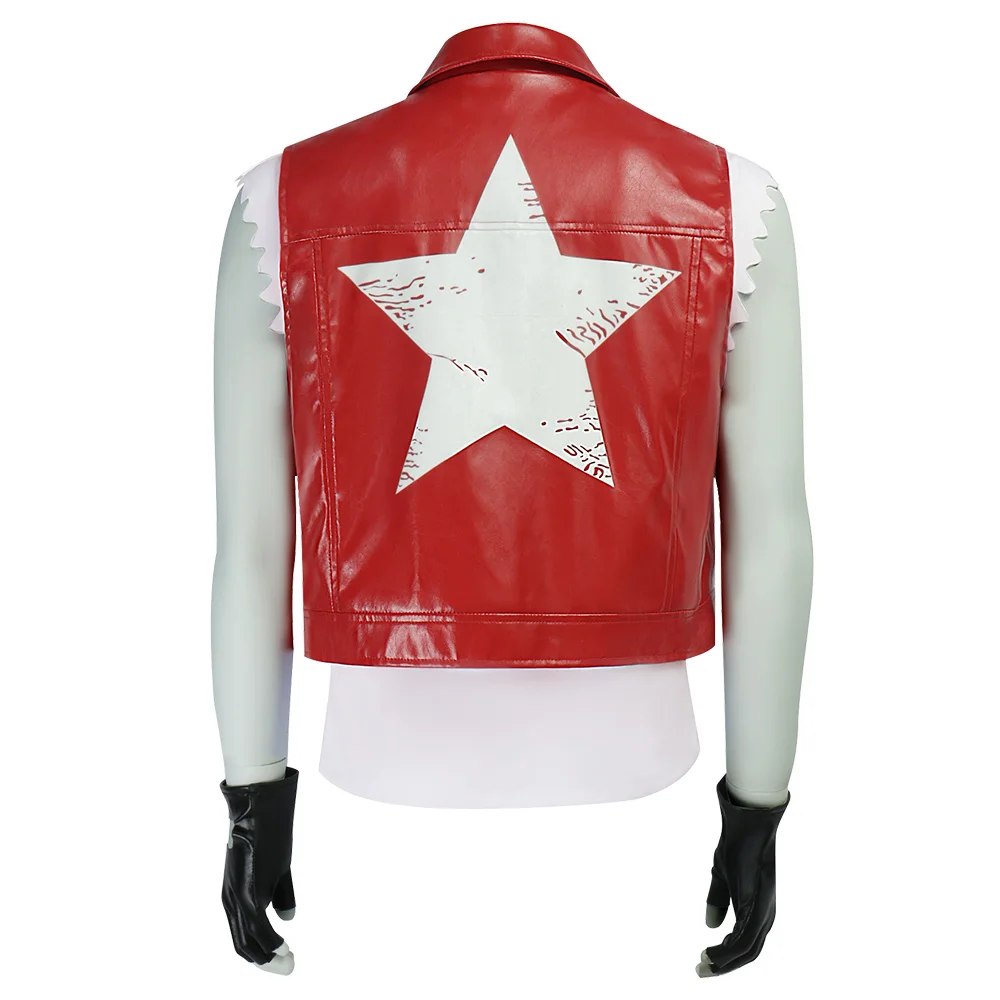 KOF Terry Cosplay Costume Terry Tenue Avec Casquette Fatal Fury Gilet Cuir Rouge Avec Etoile Costume Cosplay Homme