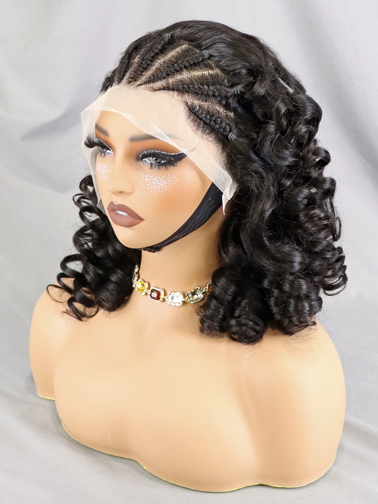 Natural 250% Density 13x4 Lace Frontal Wigs 16 Inch Remy Human Hair Cornrow Braided Wigs Loose Fumi Curly Hair Bob Wig for Women