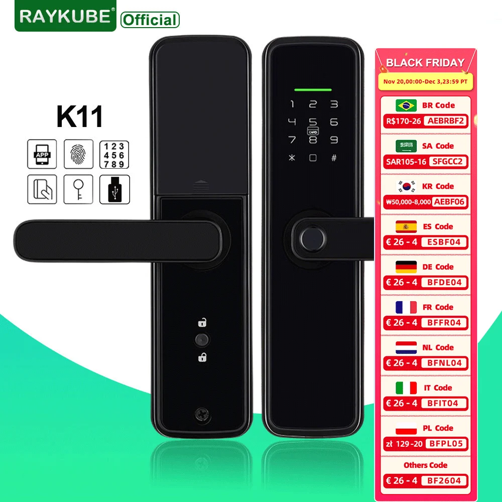 New RAYKUBE K11 TT Lock Bluetooth Biometric Fingerprint Lock Electric Door Lock With Password/Keyless /IC Card/APP Remote Unlock