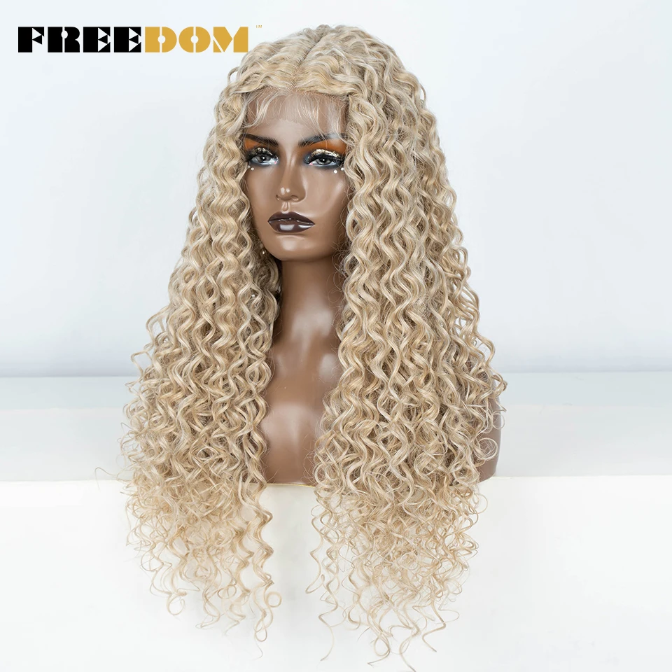 Wig renda depan sintetik FREEDOM 30 inci Wig renda panjang keriting Ombre cokelat 613 Wig renda jahe merah untuk Wig Cosplay wanita hitam