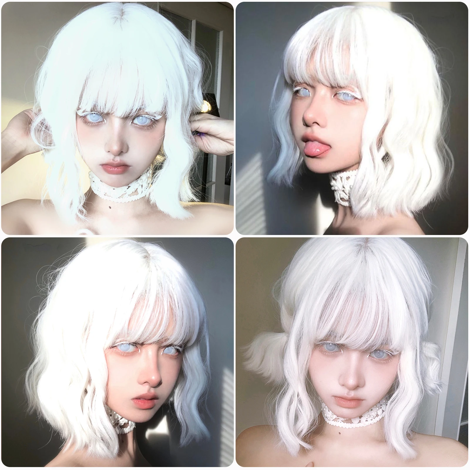 EASIHAIR krótkie białe peruki syntetyczne Bob krótkie faliste Lolita peruki z naturalnych włosów z grzywką dla kobiet żaroodporna peruka do cosplay