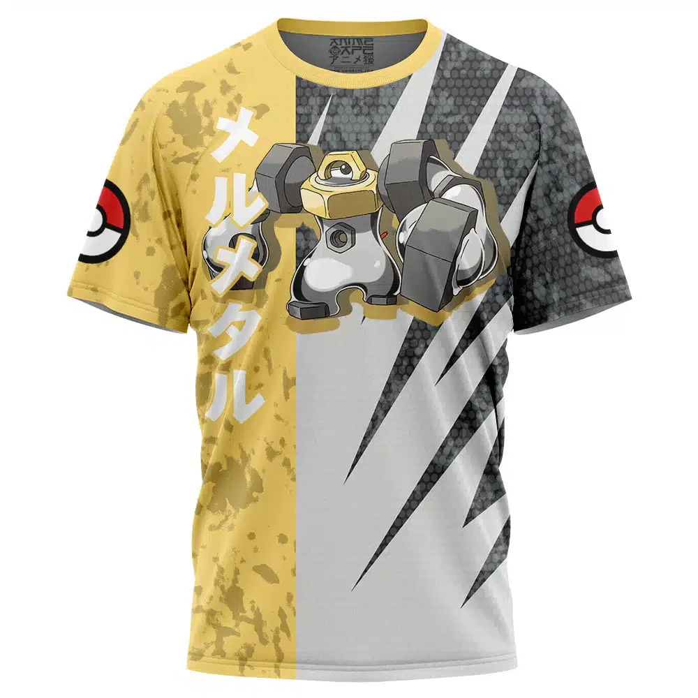 Zweifarbiges, vollständig sublimiertes Anime-Grafik-T-Shirt für Herren, Pokemon Melmetal-Print, Pokeball auf den Ärmeln, vertikales japanisches Kanji S