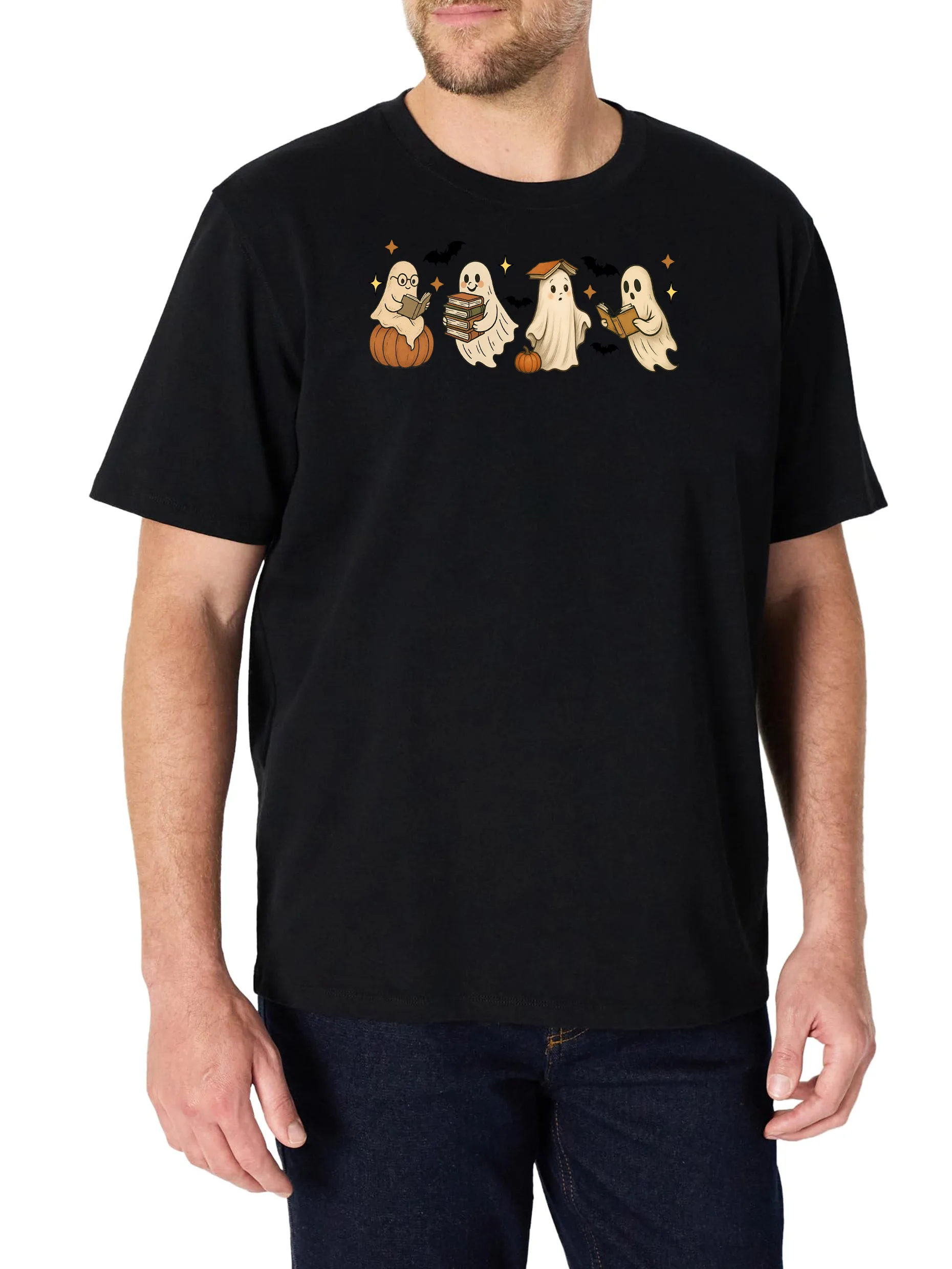 

Men's T-Shirt with Ghost Print Design, Black Short Sleeve Crew Neck, 100% Cotton