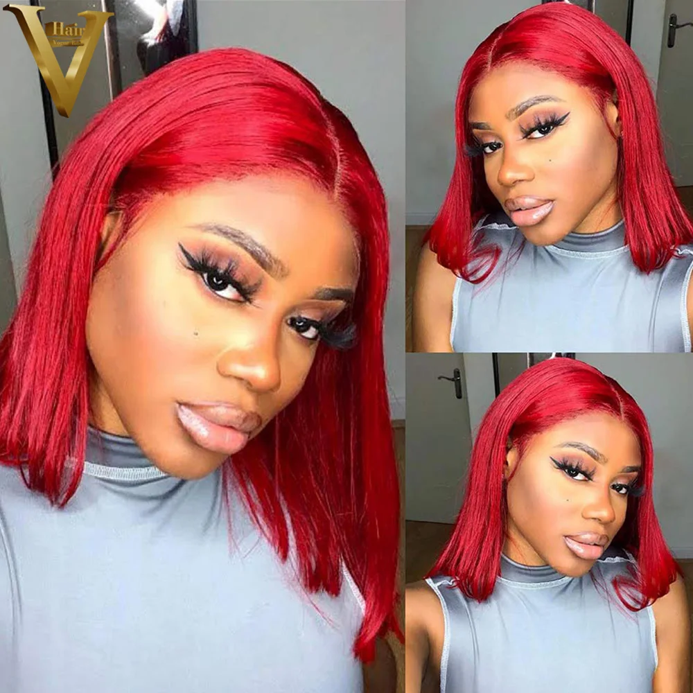 Red Straight Lace Frontal Bob Wigs Remy Pre Plucked Hairline Brazilian Human Hair Short Wigs Hd Transparent Wig For Black Women