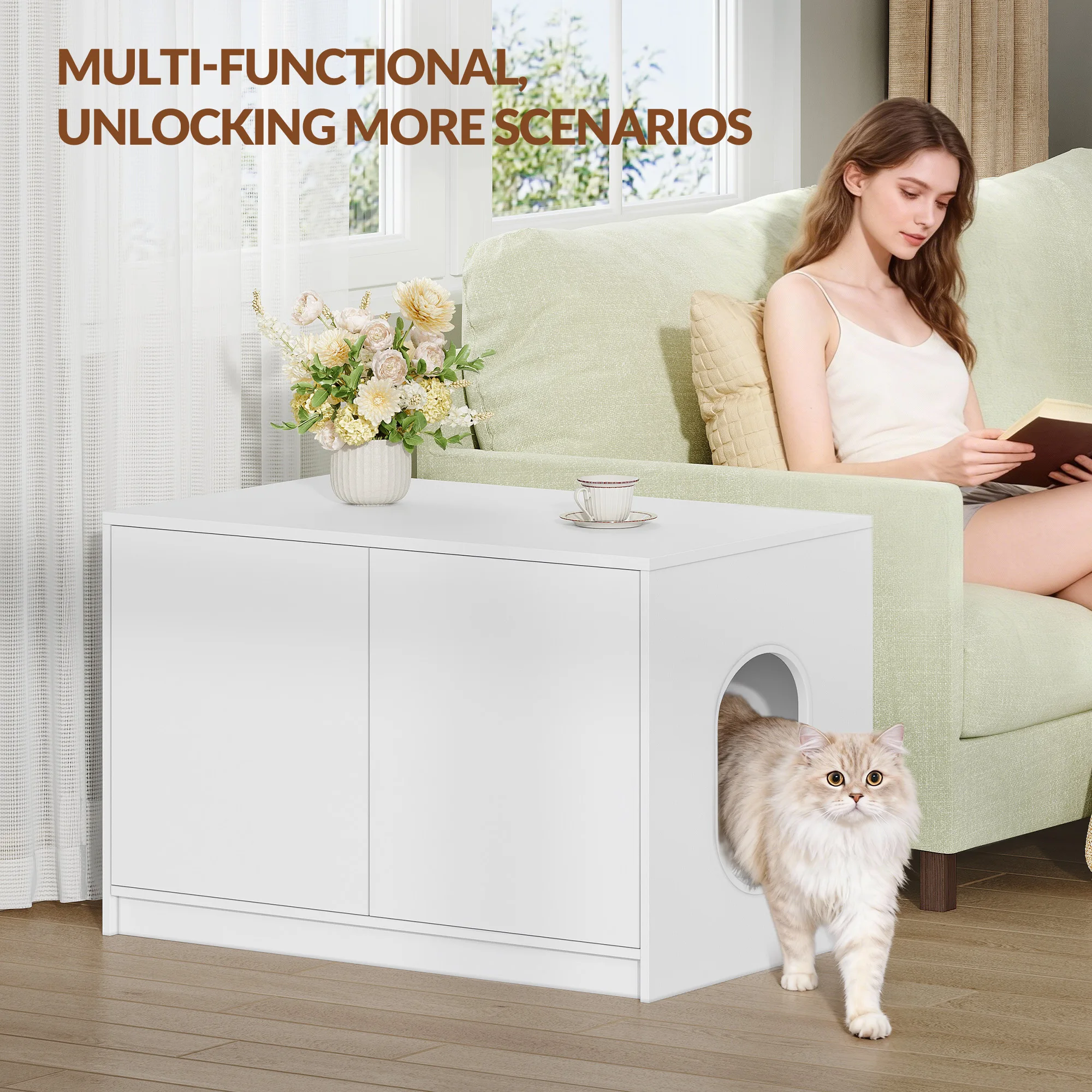 Meuble pour litière pour chat, toilette pour chat dissimulée, meuble pour chat avec portes à ouverture par pression et trous d'aération, minimaliste