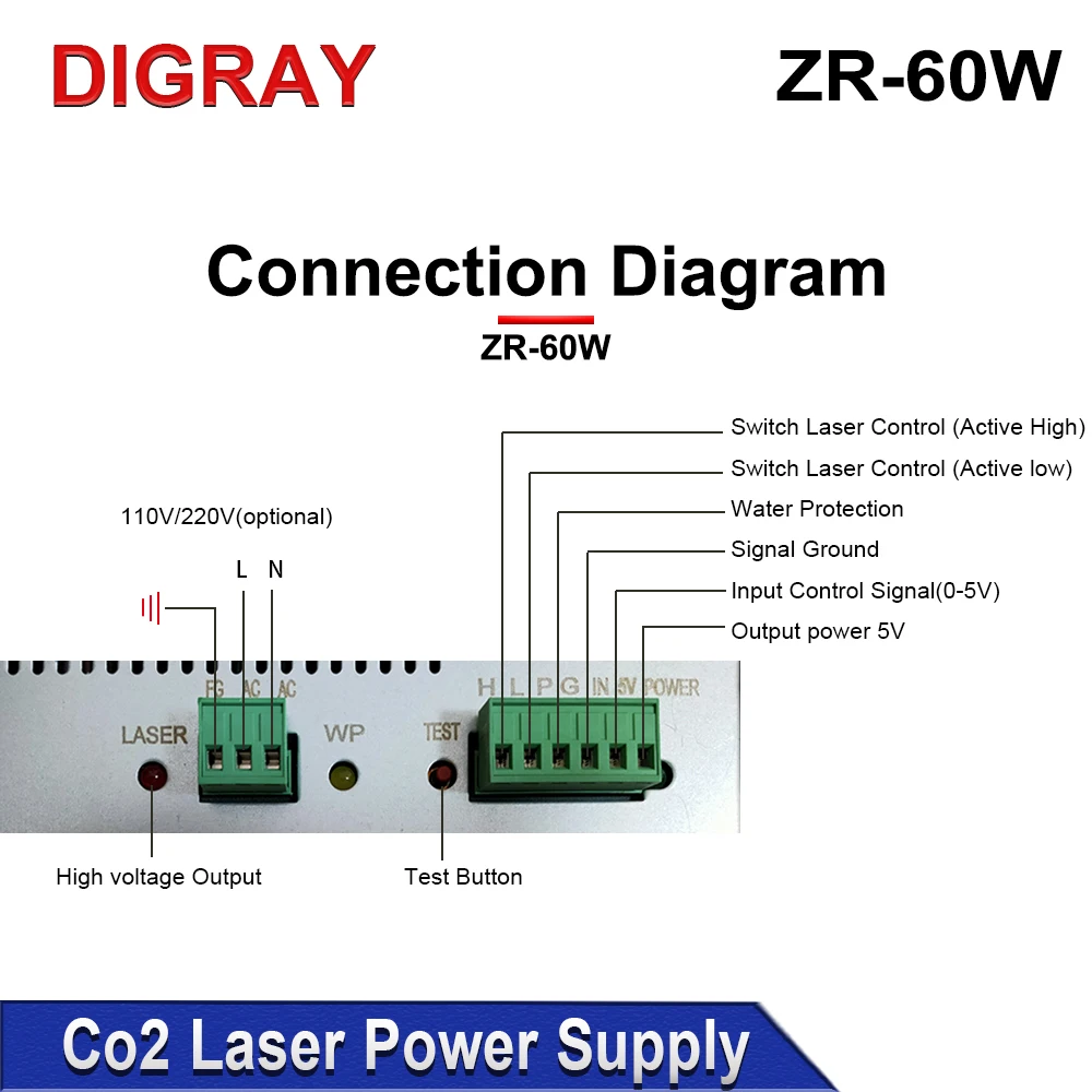 DIGRAY ZRSUNS-60W Laser Power Supply for 50W 60W Co2 Glass Laser Tube Engraving and Cutting Machine 2 Years Warranty.