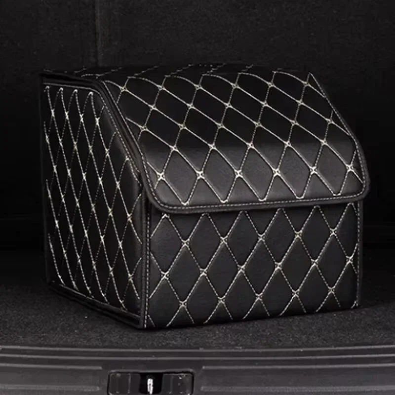 1pc 30cm Car PU Leather Trunk Storage Box, Portable Foldable Storage, Car Multi-purpose Storage, Car Trunk Bag, Car Storage Box