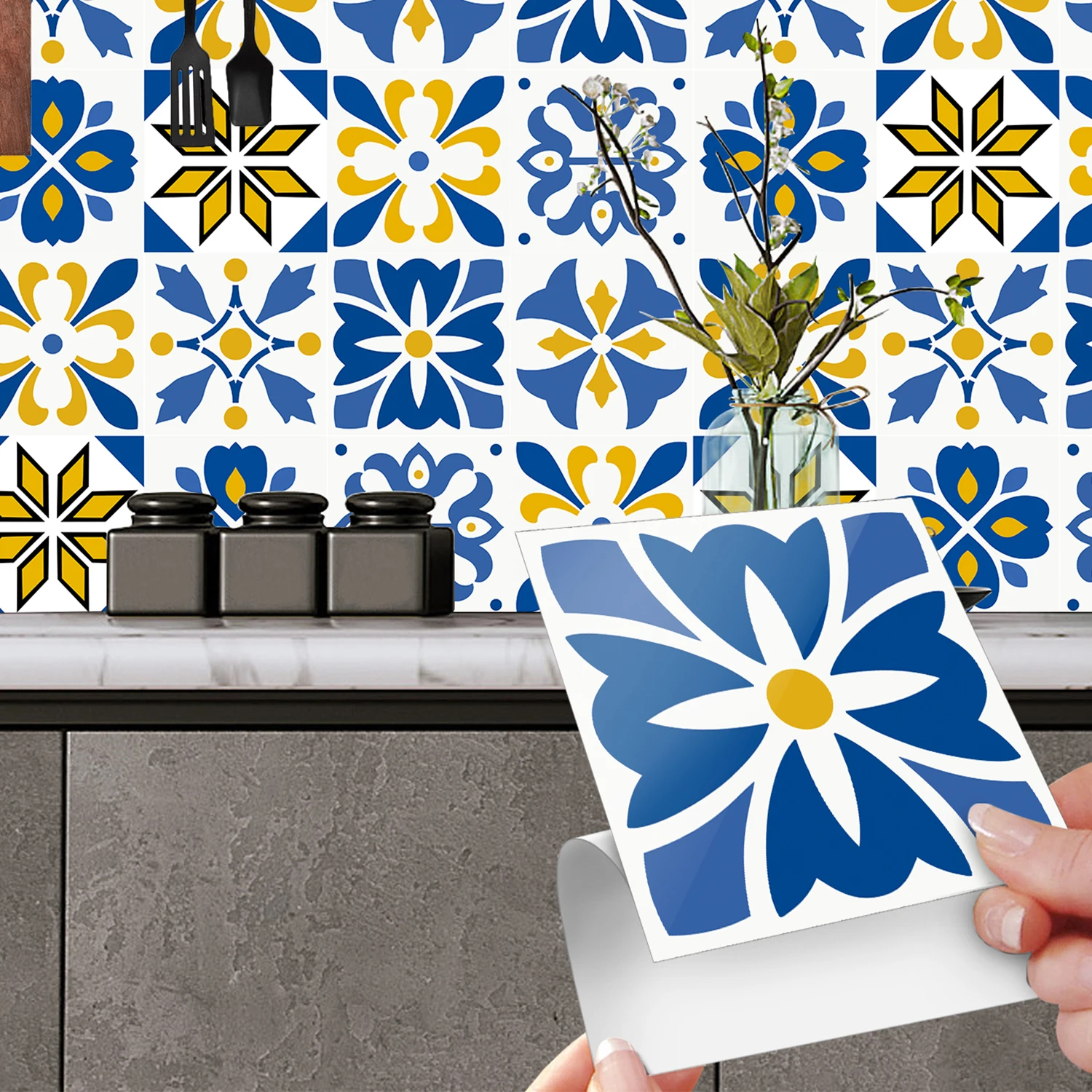 10 pcs/pack,Watercolor floral pattern PVC Self-Adhesive Tile Stickers - Waterproof, Oil-Proof, Easy to Clean for Home Decoration