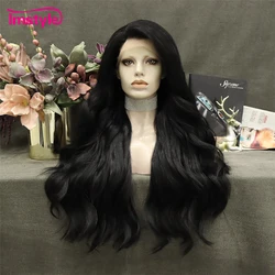 Imstyle Jet Black Wigs Synthetic Lace Front Wig For Women Heat Resistant Fiber Natural Wavy Long Wig Cosplay Daily Wigs