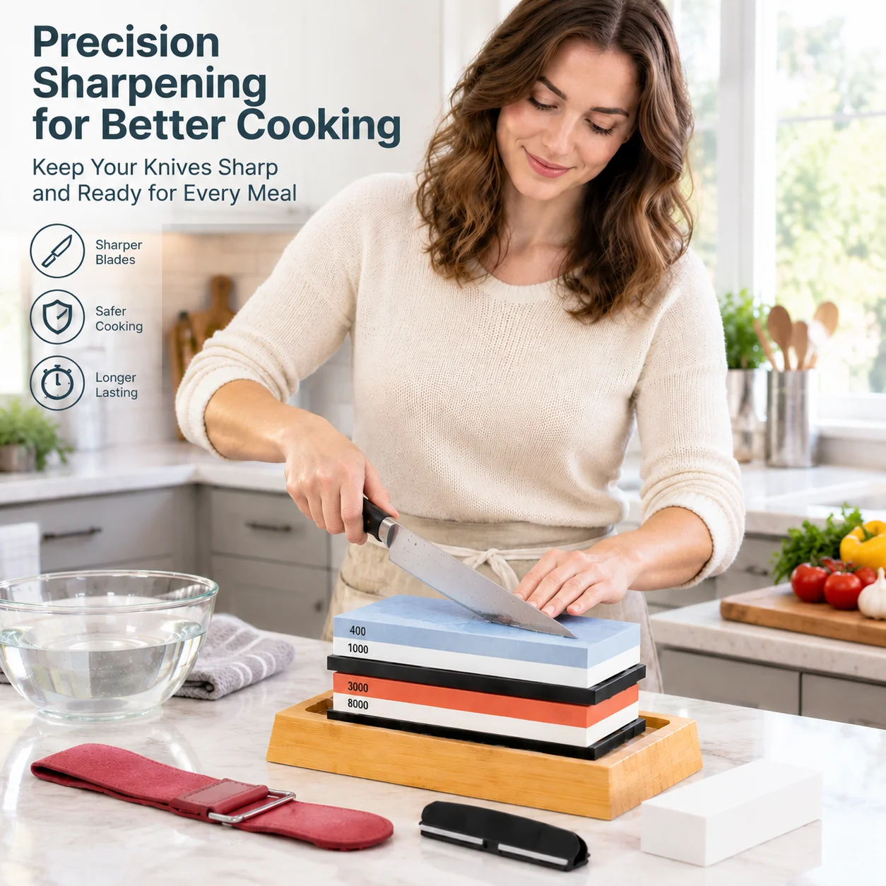 Professional Four Sided Whetstone Knife Sharpening Stone Set 400 1000 3000 8000 Grit with Non Slip Bamboo Base Angle Guide Leather Strop Flattening Stone for Kitchen Knives Chef Knives Blades Tools Home Use Durable