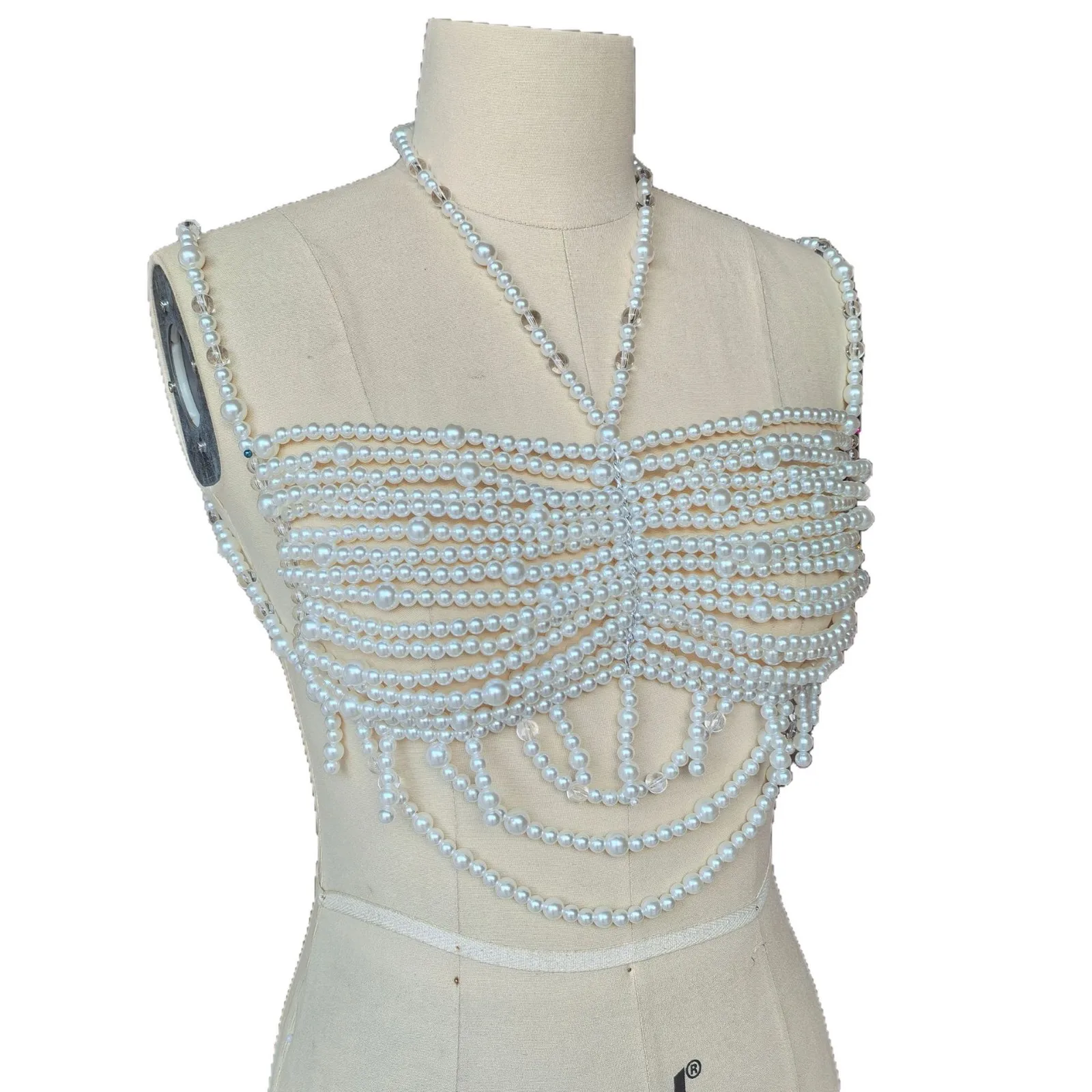 Handmade Embellished White Beaded Pearl Bra Body Chain Jewelry Bikini Cover Up Bridal Wedding Bralette Mermaid Pearl Top