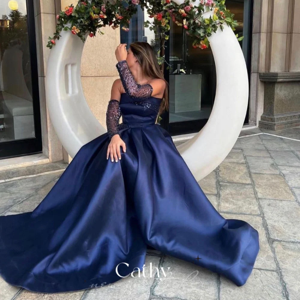 Cathy Elegant Dark Blue A-line Prom Dress Sexy Strapless Silk Satin Party Dress Sequins Glove Evening Dress Ball Gown فستان سهرة