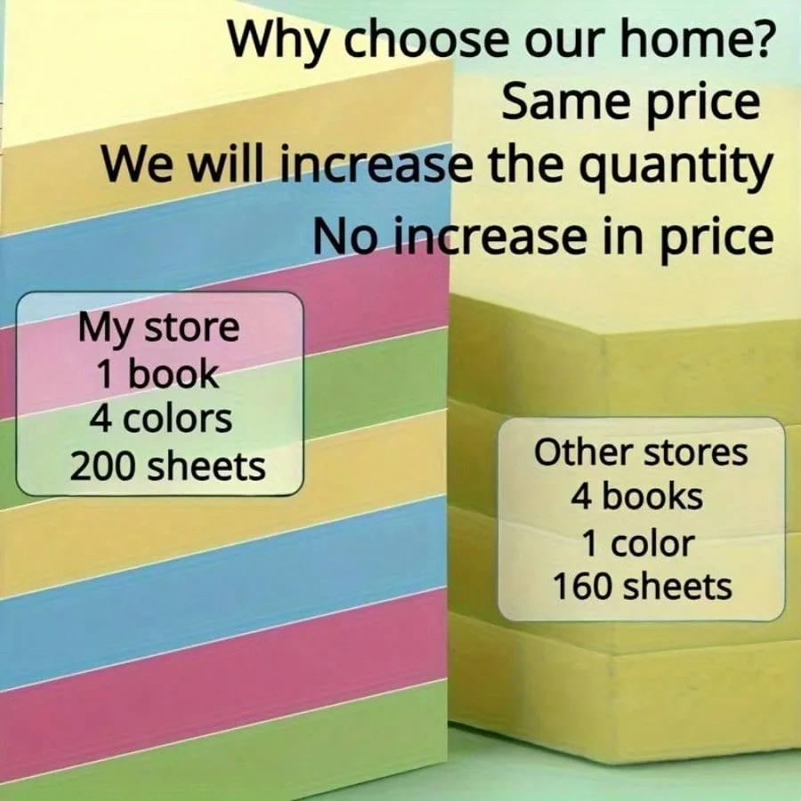 600 Sheets of Mixed Color Horizontal Sticky Notes with Self-adhesive Design, Suitable for Office and School Reminders
