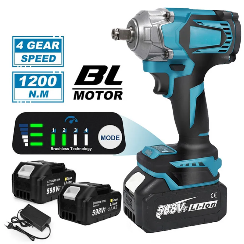 Clé à chocs sans balais 1200 N·m, entraînement 1/2 pouce, 8 vitesses, outil électrique puissant pour démonter les boulons de pneus, compatible avec les batteries Makita 21V