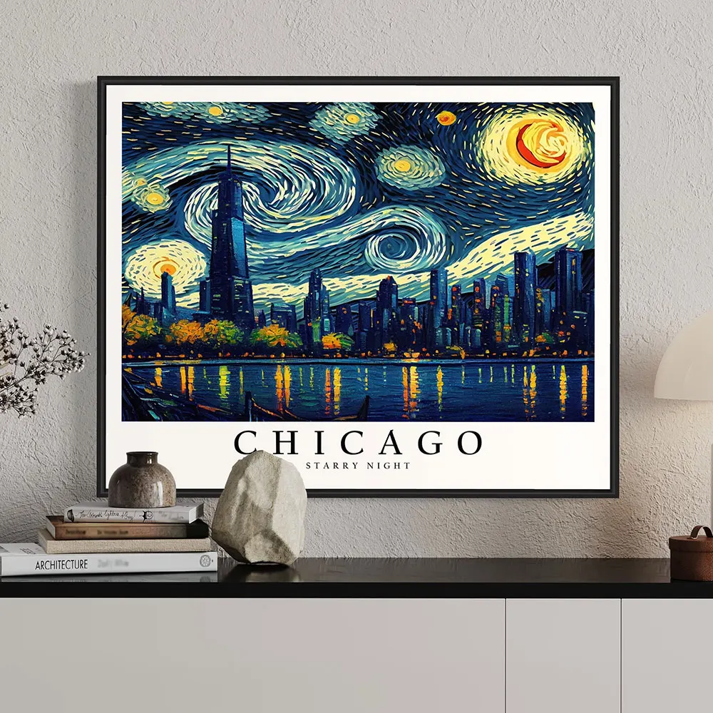 

Chicago Starry NightCanvas Painting Van Gogh Chicago Graffiti Picture Print And Poster for Living Room Home Cuadros Decor