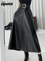 Seoulish Classic Black Faux PU Leather Long Skirts with Belted 2026 New High Waist Umbrella Skirts Ladies Female Autumn Winter
