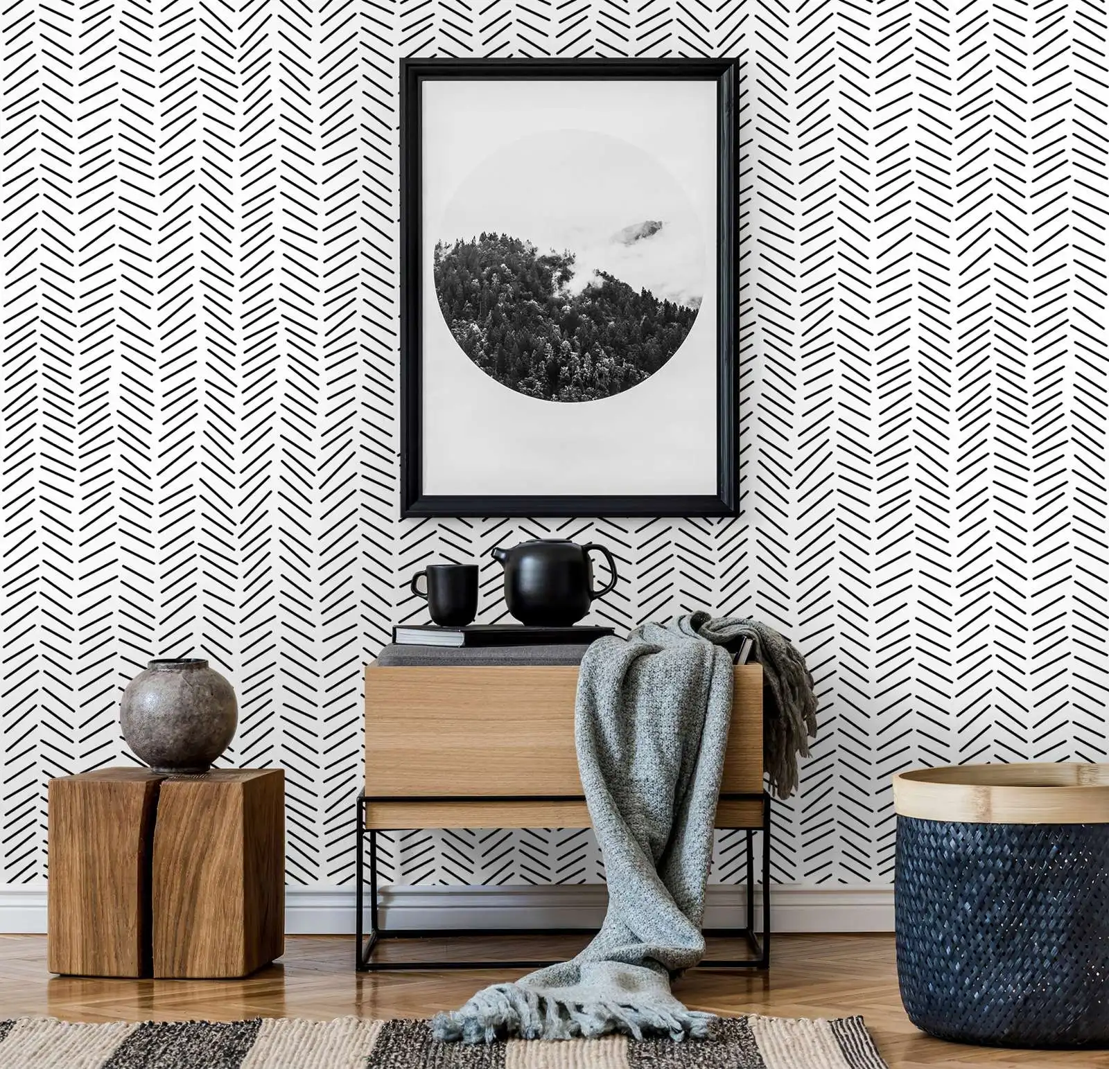 Chevron Black and White Line Wallpaper, Scandinavian Stylish Geometric Lines Wall Paper, Minimalist Herringbone Stripe Walpaper