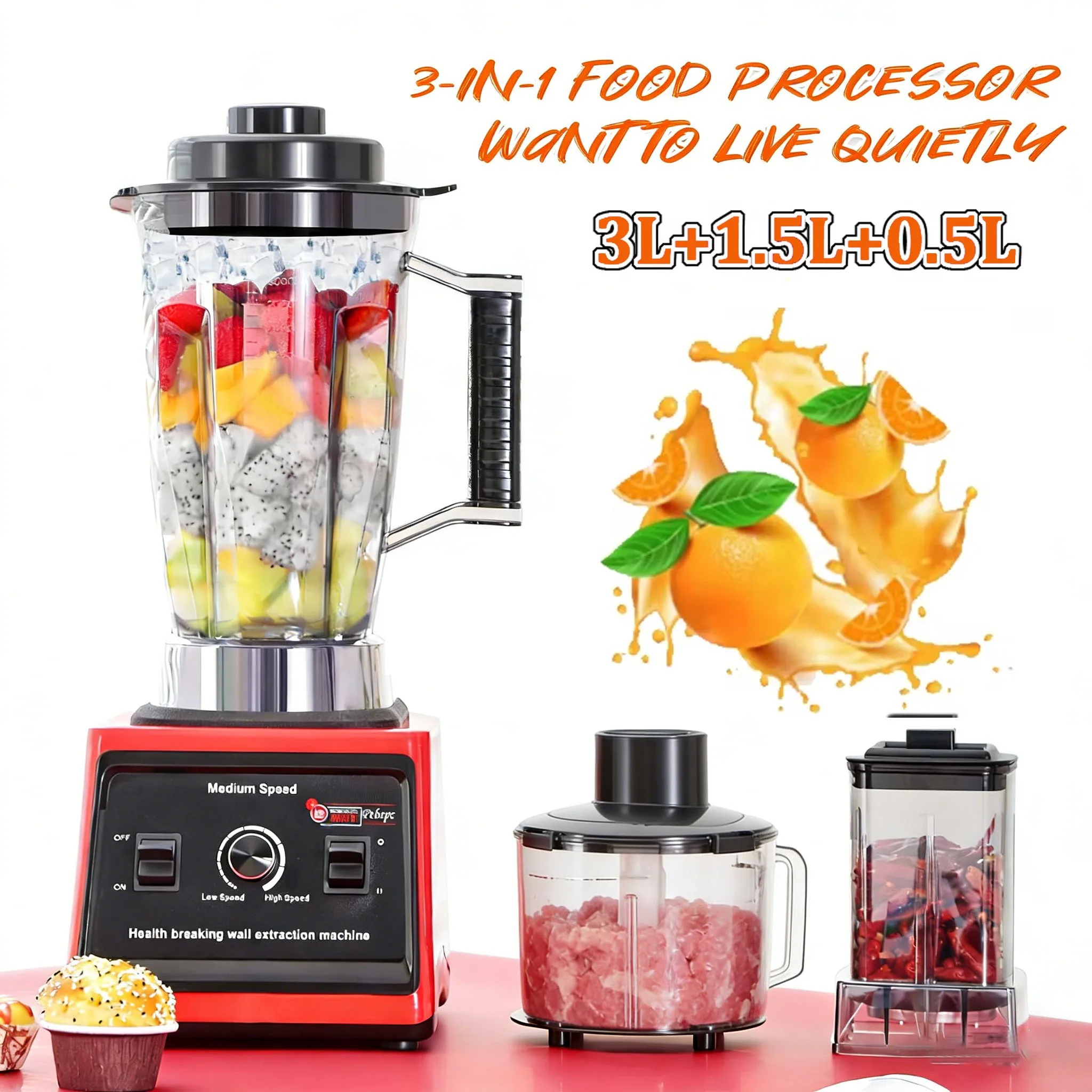 DWiusty 3-in-1 Elektrischer Mixer 9500W Hochleistungs-Großküchenmaschine für Eis, Smoothies und Säfte 3L + 1 5l + 0,5L Behälter