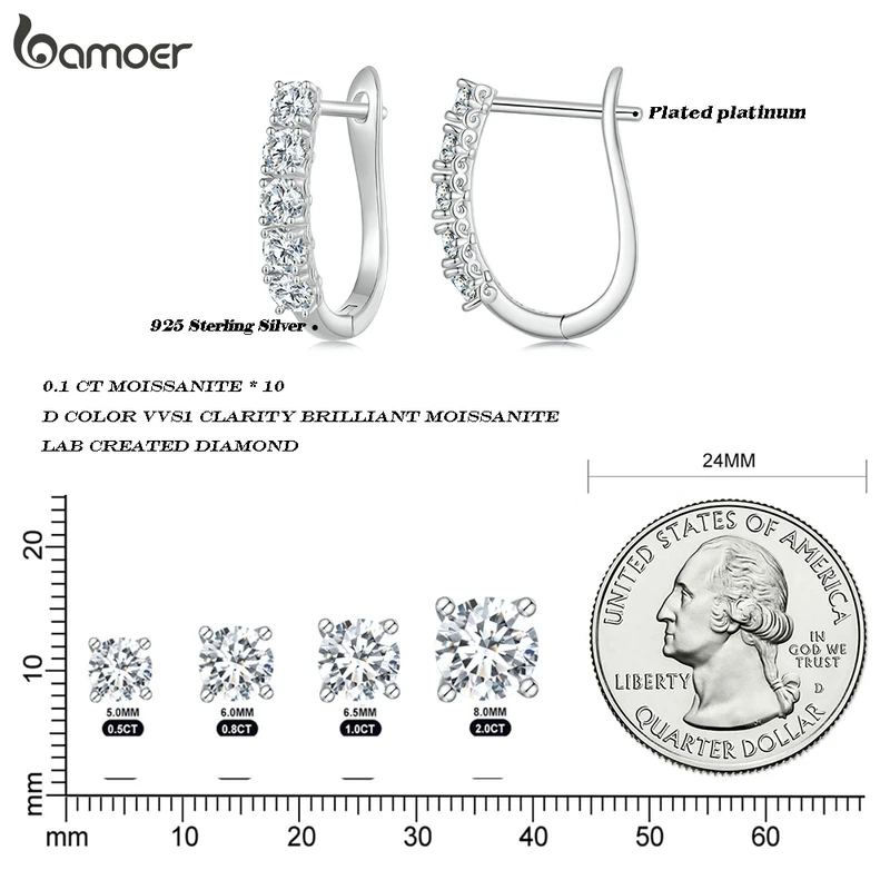 Bamoer 1.0CT Moissanite Ear Buckles 925 Sterling Silver U-Shaped Hoop Earrings for Women Valentine\'s Day Jewelry Gift