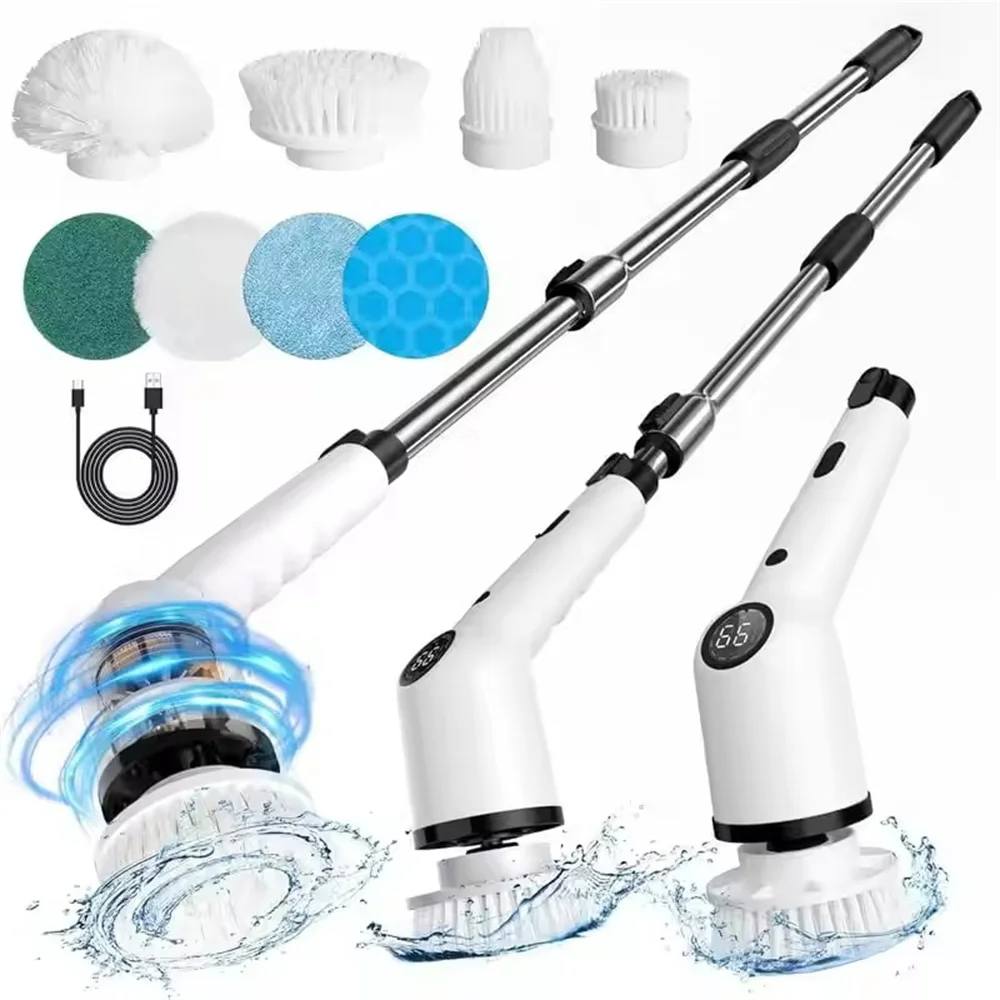 Electric Spin Scrubber Cordless Handheld Electric Cleaning Brush with 9 Brush Heads&Extension Handle for Kitchen Bathroom