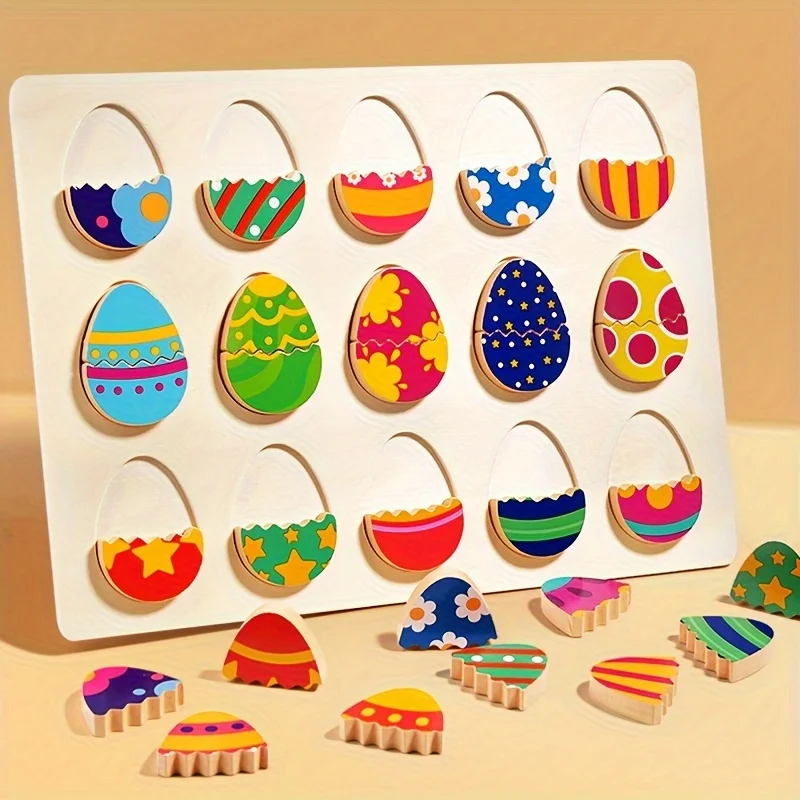 Easter Egg Matching Puzzle Toy for Kids Montessori Wooden Colorful Eggs Shape Matching Game for Fine Motor Skills Development