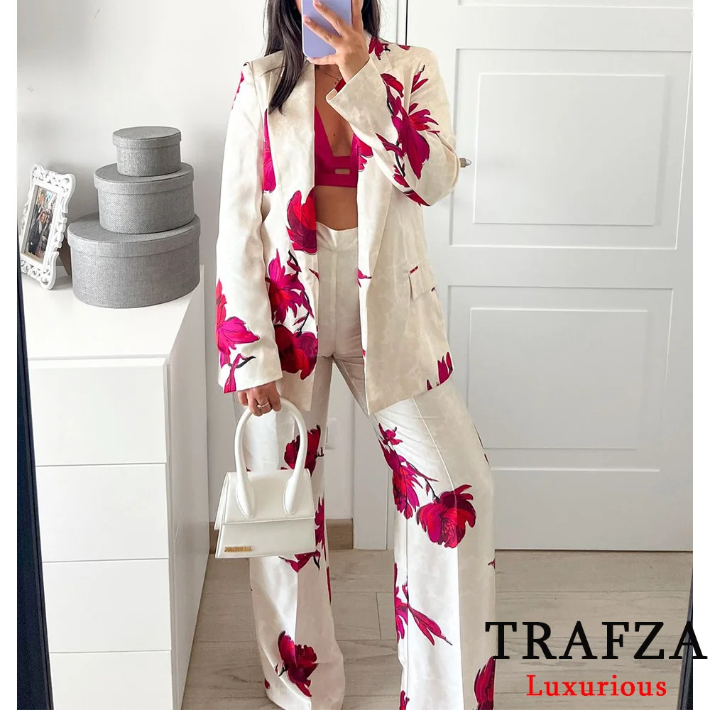 TRAFZA Vintage Flower Print Women Suits V Neck Long Sleeve Oversized Blazer+High Waist Wide Leg Pants Fashion 2024 Autumn Suits