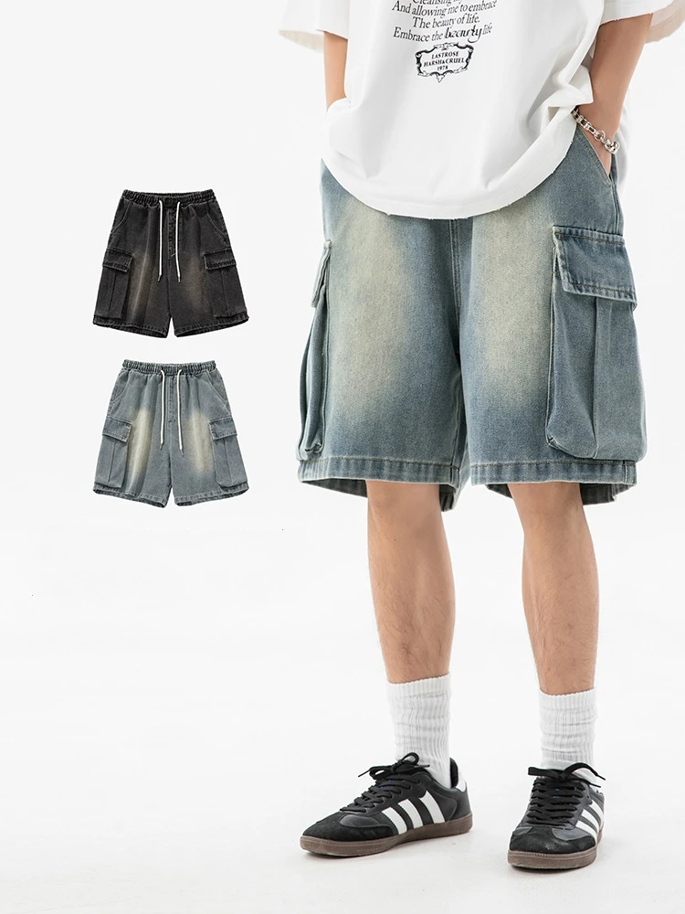 

Джинсовые шорты мужские с широкими штанинами, винтажные варенные брюки-карго из денима, Свободные повседневные штаны с эластичным поясом, с большими карманами, лето