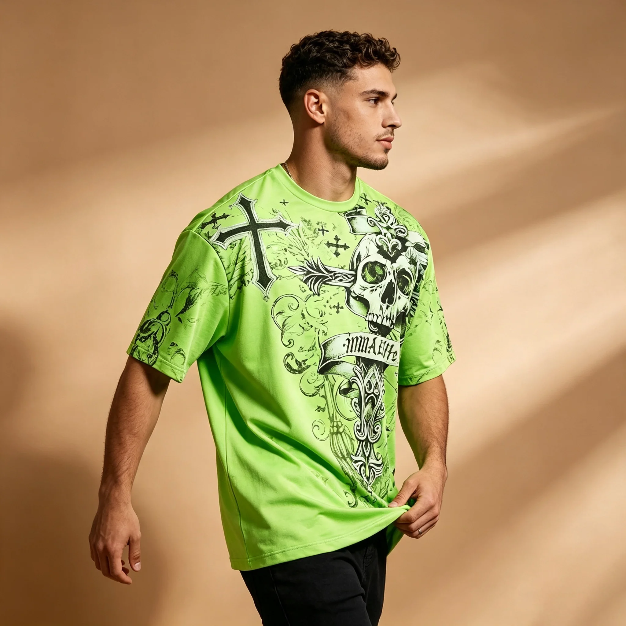 Vintage Punk Skull Cross Graphic T-shirt For Men Fluorescent Green Crewneck Short Sleeve Hip Hop Street Casual Tee