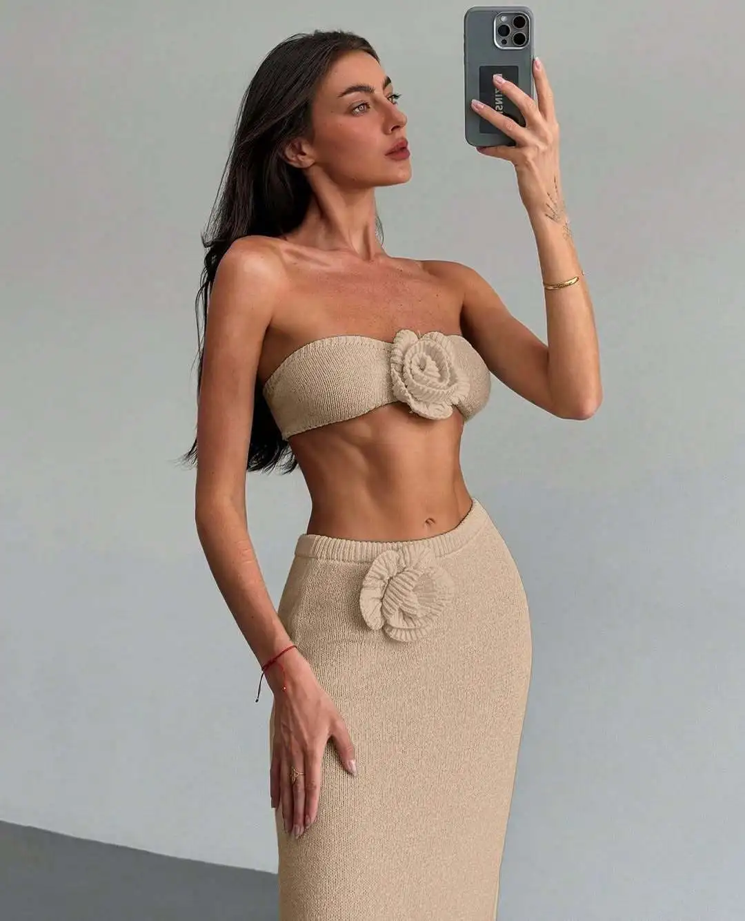 2PCS Long Bandage Dress Women's Off Shoulder Sleeveless Crop Top and Skirt Wrap Sexy Boho Beach Crochet Knit Bikini Cover-Up