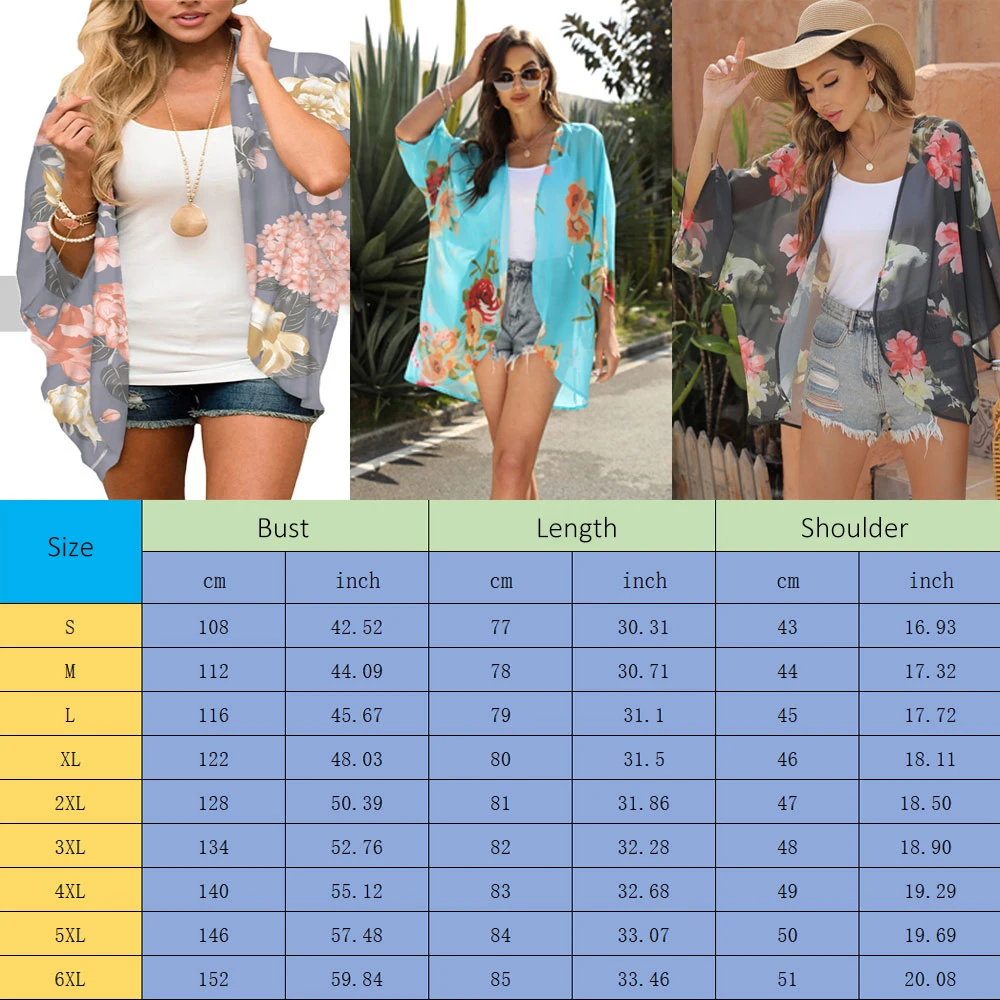 New Womens Kimono Beach Cover Up Chiffon Cardigan Floral Tops Loose Capes Short Sleeve Kimonos For Women Clothing Beach Swimwear