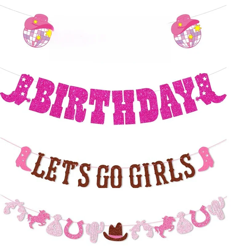 Bannière à thème Let's Go Gilrs à paillettes, bottes de Cowgirl Disco, guirlande suspendue en papier pour fille, décor de fête d'enterrement de vie de jeune fille, joyeux anniversaire