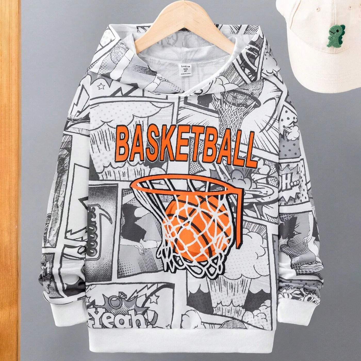 

Boys letter And Basketball Printed Hoodie Back-to-school Season Wear With White Casual Loose Comfortable Crew-neck Hoodie