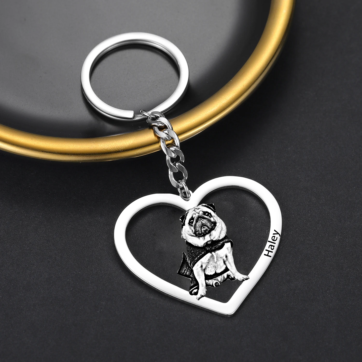 Dascusto Customized Pet Photo Keychain Stainless Steel Dog Tag Key Chain For Memorial Best Gift Personalized Pet Animal Keyring
