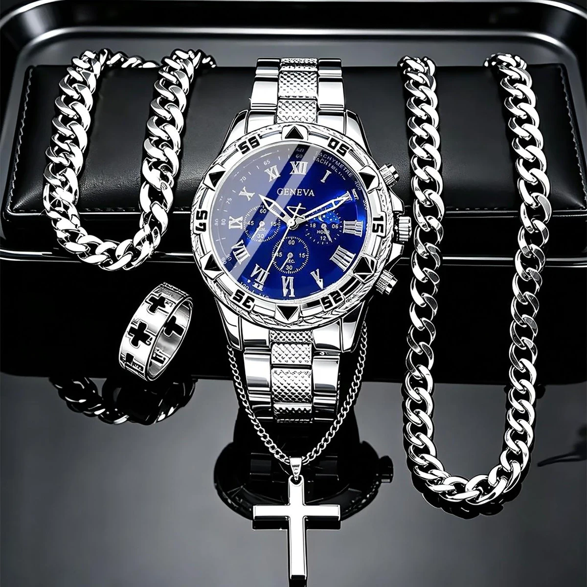 5-Piece Set, New Men's Business Stainless Steel Analog Quartz Watch Set, with Chain Accessories, for Daily Wear, Perfect for Everyday Outfits, Perfect Birthday Gift
