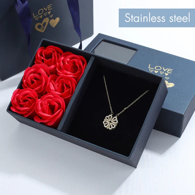 Rose Gift Box Four leaf Grass Necklace Heart Necklace Cute Four Leaf Clover Necklace Dainty Gold Necklaces Gifts for Girlfriend