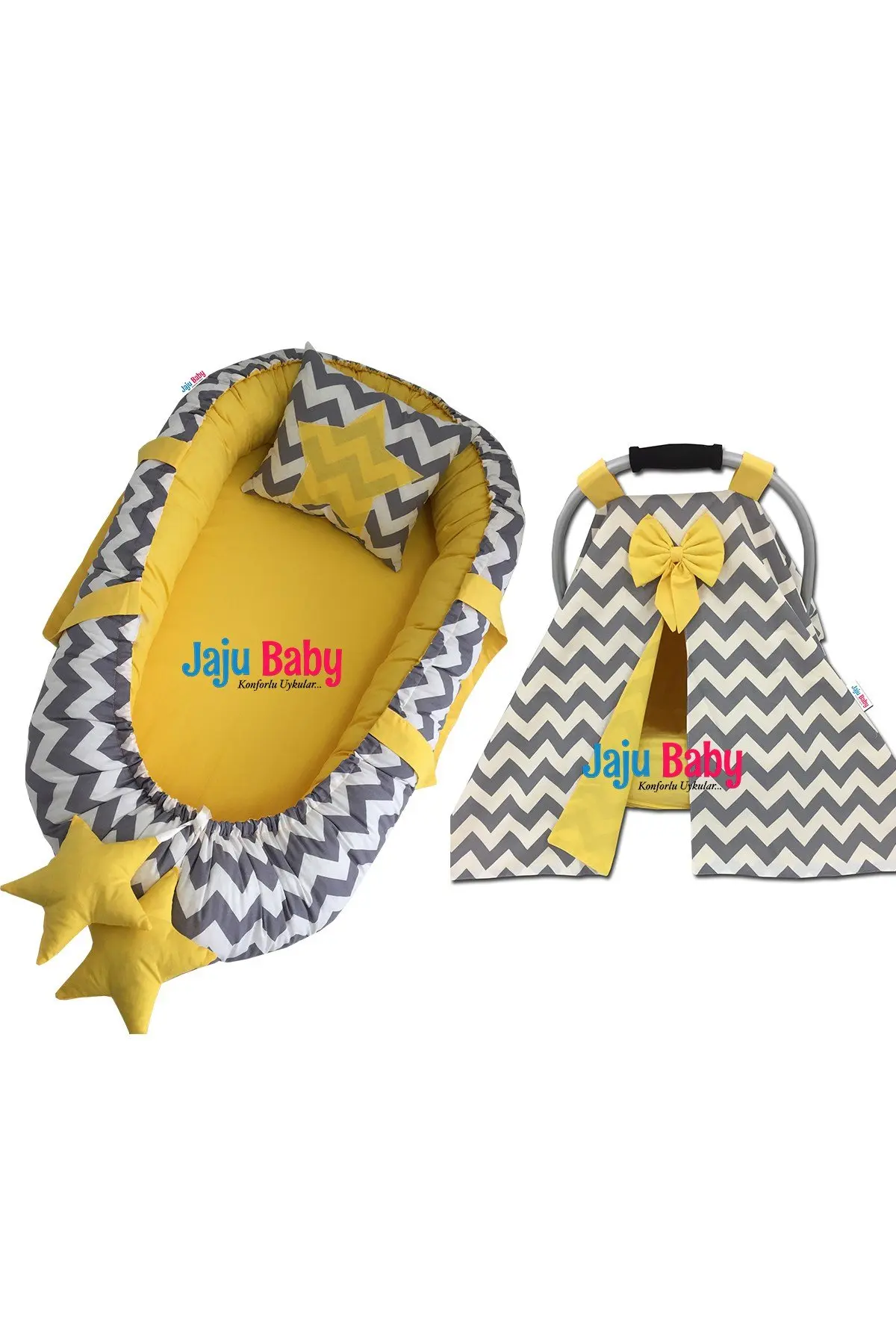 Set copripasseggino e Babynest a zig-zag grigio fatto a mano