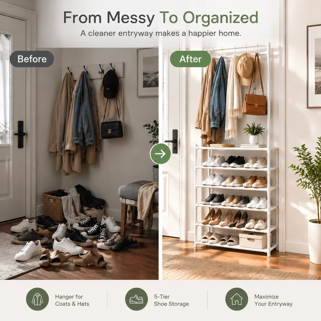 Entryway Shoe Rack with Coat and Hat Rack, Freestanding Multi-Tier Shoe Cabinet with Hanging Rod, Hallway Organizer for Coats Hats and Bags, Entryway Storage Shelf, Home Organizer, Must-Have for Family Hallway