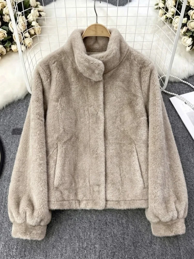 AACHOAE Women Faux Fur Jacket Winter Coat Stand Collar Long Sleeve Snap Button Warm Loose Casual Elegant Outerwear