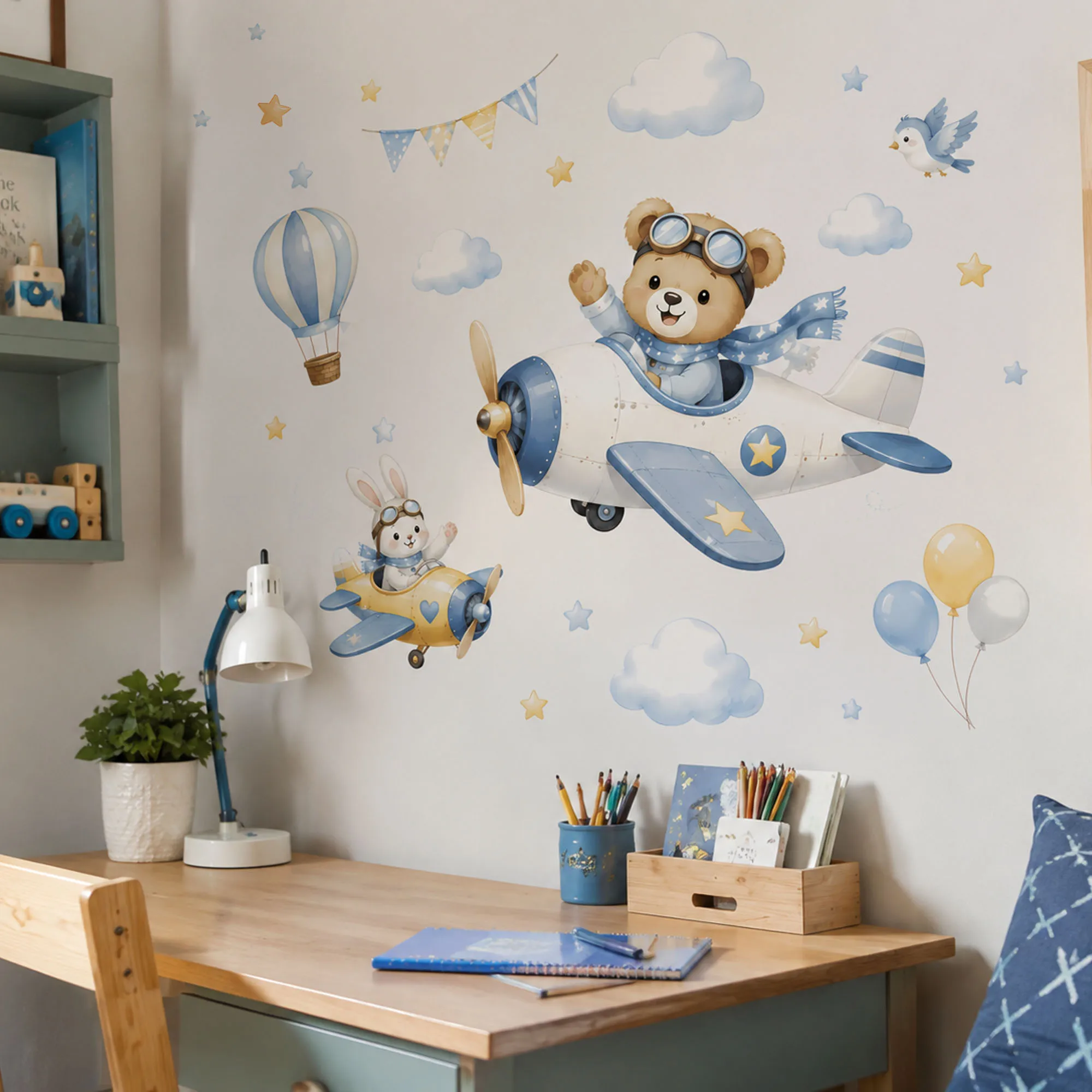 Watercolor Airplane Wall Stickers Pilot Bear Rabbit Decal Hot Air Balloon Self Adhesive Wallpaper for Kids Nursery Decor