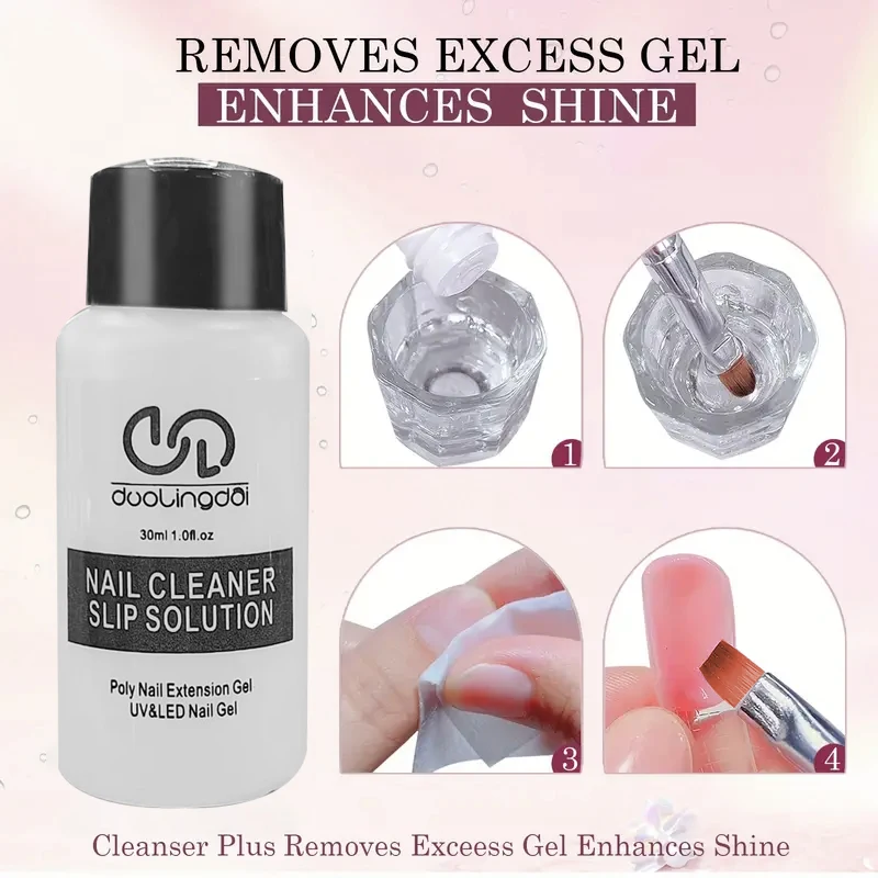 Poly-Gel-Verlängerungswerkzeug-Set, einschließlich 30 ml Reinigungsflüssigkeit, 7,5 ml Grundlack und Decklack, Nagelform, Nagelclip und Nagelbürste